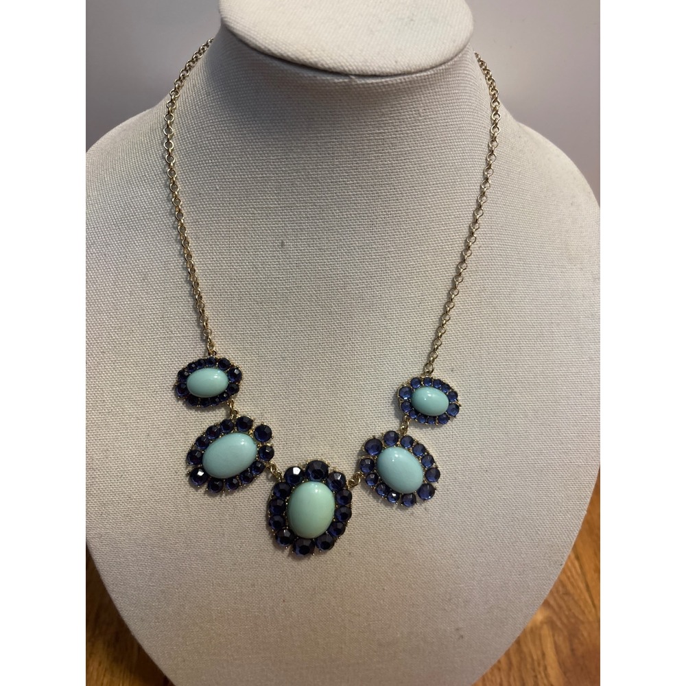 Gold Tone‎ Statement Necklace Aqua Blue & Dark Blue Gemstone Collar Necklace